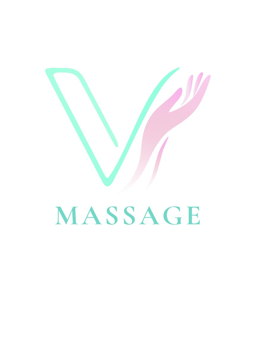 V Massage logo with mint green V and pink hand