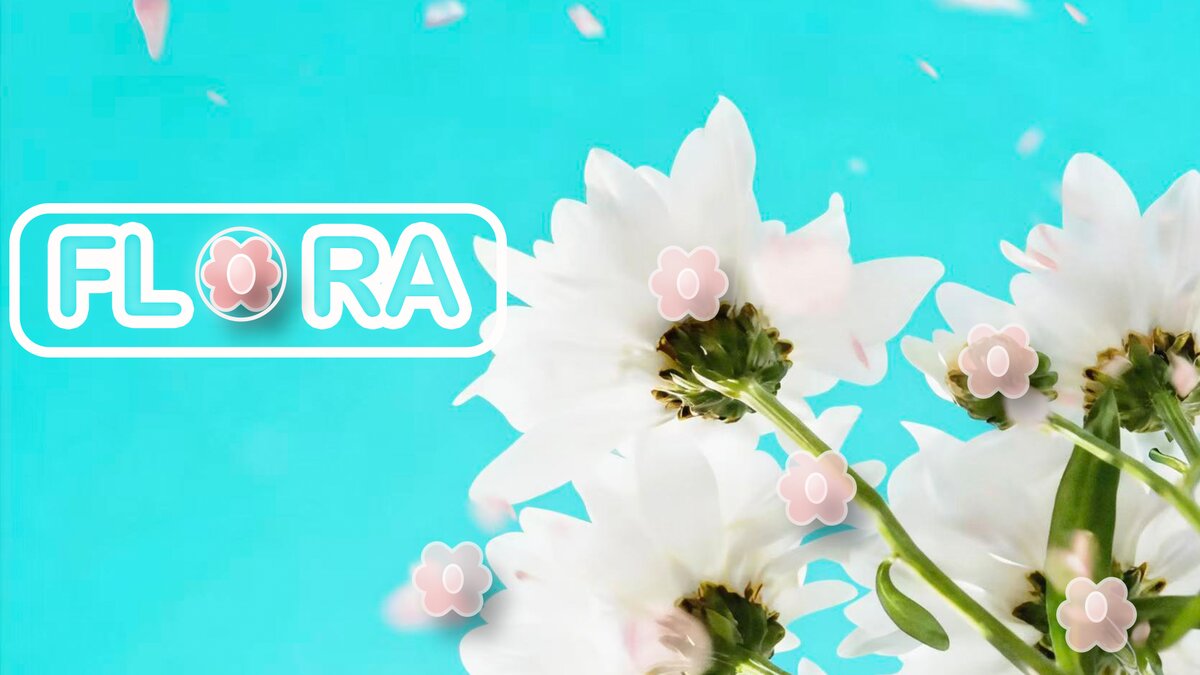 Flora TV ident with white flowers on blue background